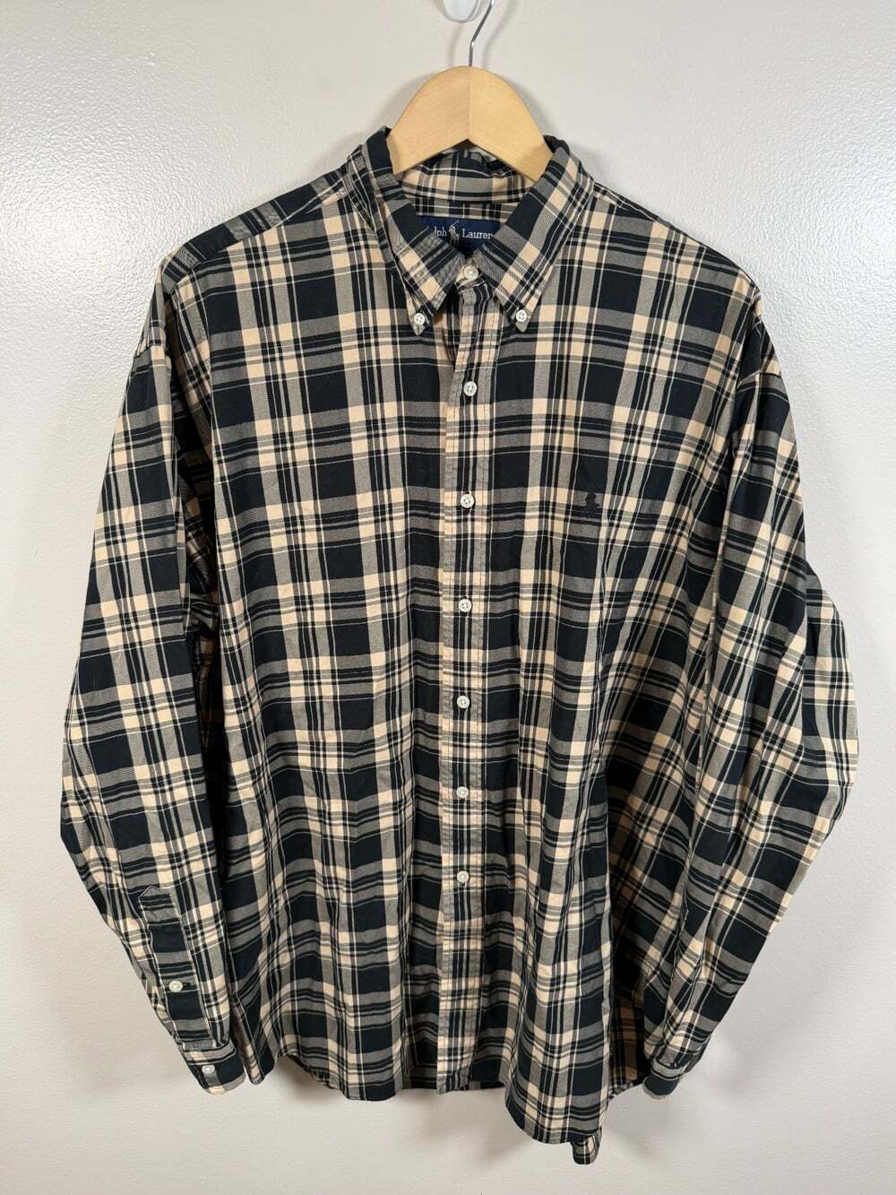 Ralph Lauren Blake Button Down Shirt Size XL 100% Cotton Black Tan Plaid Preppy